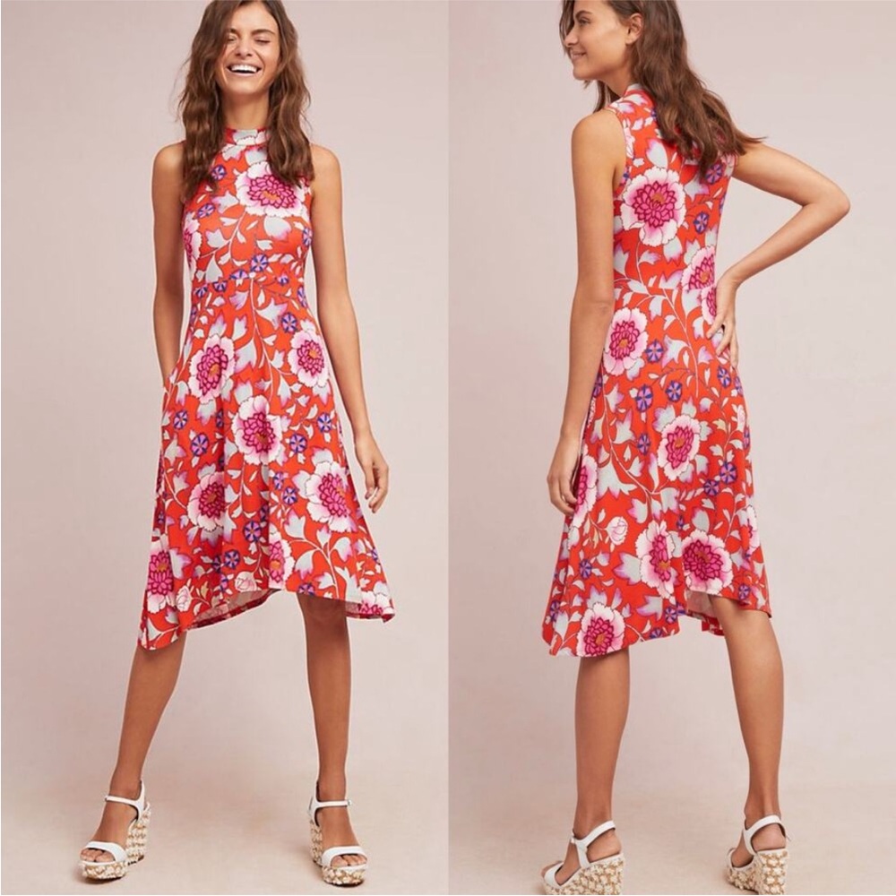 Anthropologie Clearly Mock Neck Floral Asymmetrical Midi Dress Size XL